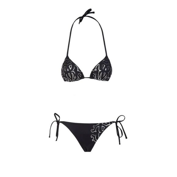 Roberto Cavalli Other - Roberto Cavalli  Black Printed Two Piece Halter Neck Tie Bikini Set-